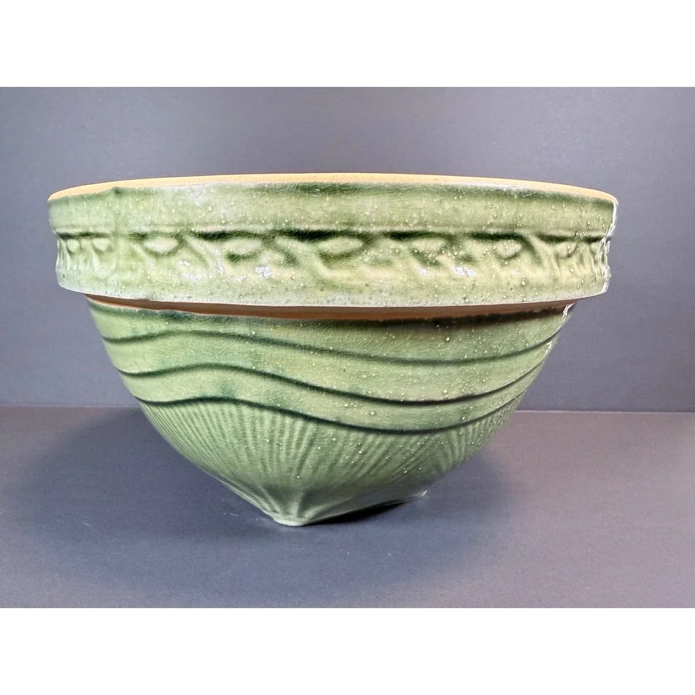 Vintage Green Glazed McCoy Sunburst Stoneware Mixing Bowl Farmhouse Cottagecore